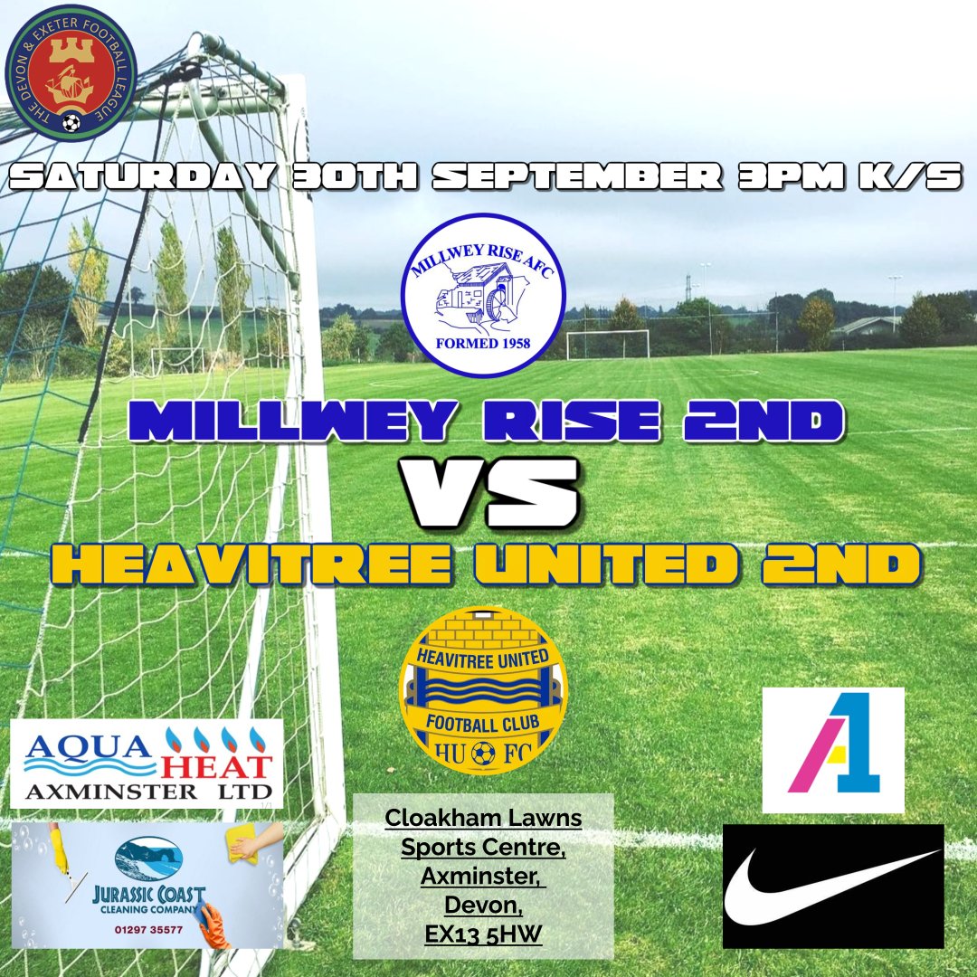 MillweyRiseAFC's tweet photo. This weekends fixtures sees both teams playin with the 1st XI playing away to Awliscombe and the 2nds playing at home against Heavitree.
both games kick-off at 3pm.
The bar and tea hut will be open for refreshments. https://t.co/ByCRlJr7S9