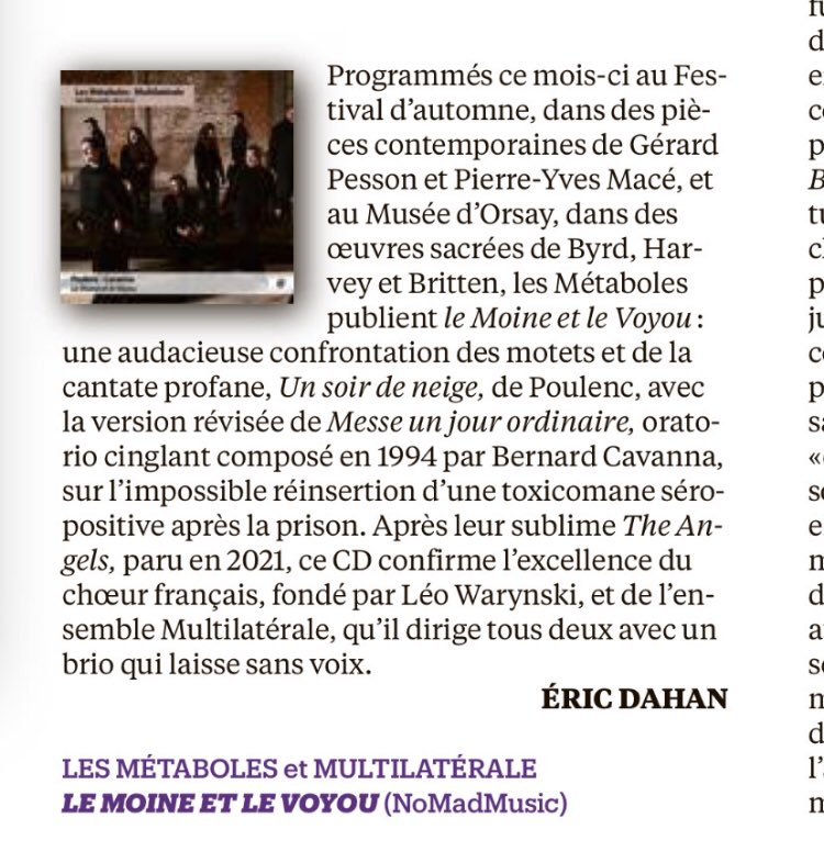 <a href="/libeculture/">Libé Culture</a> <a href="/libe/">Libération</a> conquis par « Le Moine et le Voyou », nouvel album des Metaboles et de l’ensemble Multilaterale paru ce jour !
A découvrir sans tarder 🎧💿