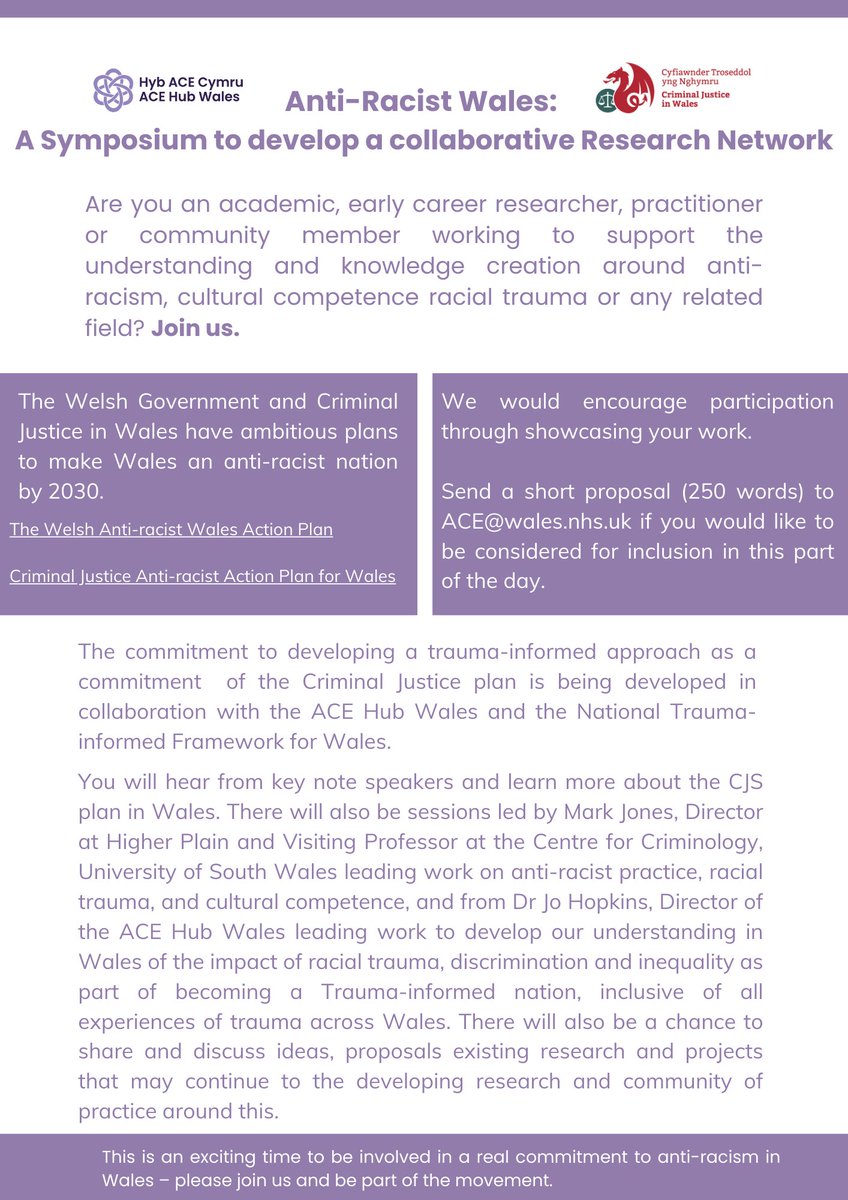 acehubwales's tweet image. 📣Join us for the opportunity to hear more about the plans to develop a research network, supporting the Welsh Government and Criminal Justice in Wales ambition for an anti-racist Wales by 2030.

👉eventbrite.co.uk/e/anti-racist-…