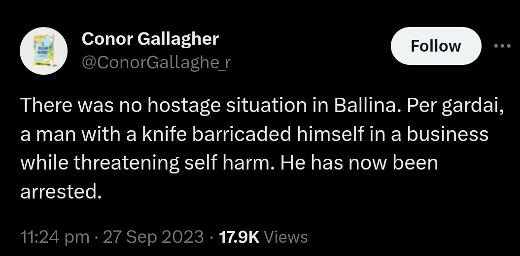 Mick_O_Keeffe's tweet photo. Conor Gallagher, crime reporter with the Irish Times is feeling very stupid today.
Immediately after the hostage situation in Ballina he rushed to cover it up.
Matusz was charged this morning.
Follow me for real news. https://t.co/M3qJLWGSSS