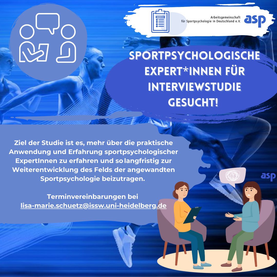 (Extern): Aufruf zur Teilnahme! 

Die Abteilung für Sportpsychologie des Instituts für Sport- und Sportwissenschaften der Universität Heidelberg möchte die Arbeit angewandter Sportpsycholog*innen (gelistet auf der BISp-Expertendatenbank) wissenschaftlich untersuchen.