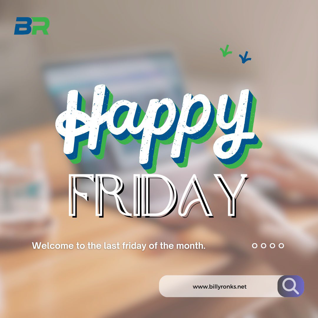BillyronksLtd's tweet photo. Embrace the last Friday of the month with a heart full of gratitude. Make it a memorable one! 🌟 #FridayFeeling #MonthEndMagic #tgif #explore #billyronks #bbnaijaAllstars https://t.co/NSA1TzLLuh