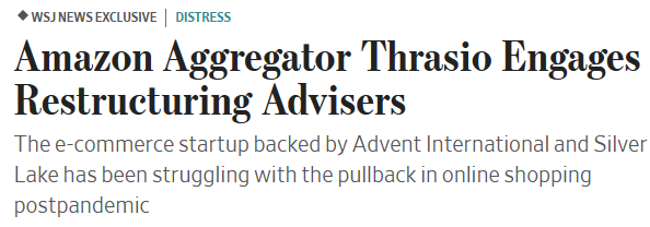 One of the big headlines yesterday was Thrasio (Amazon aggregator) hiring restructuring Advisers.

Thrasio is likely going through a similar process I went through in 2014, just at a much larger scale.

I had heavy debt and needed more assets to pay it down.  

Bankruptcy? 👇