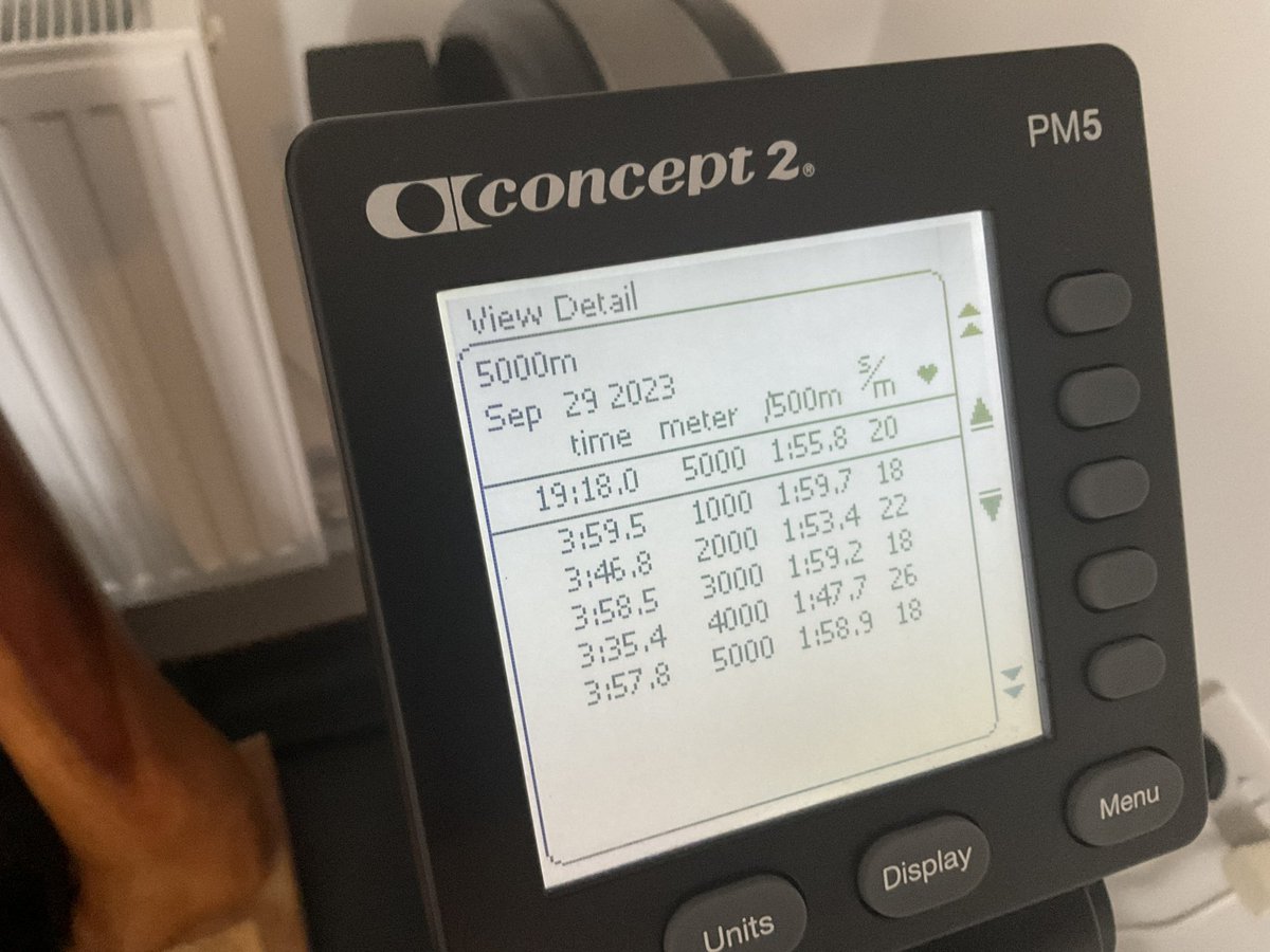 AaronCowieson's tweet image. Todays lunchtime effort. 5km with 1km rate steps as R18/22/18/26/18.  Tried to hit a 6s per split pace increase from R18 to R22 and 12s per split increase from R18 to R26.  #concept2