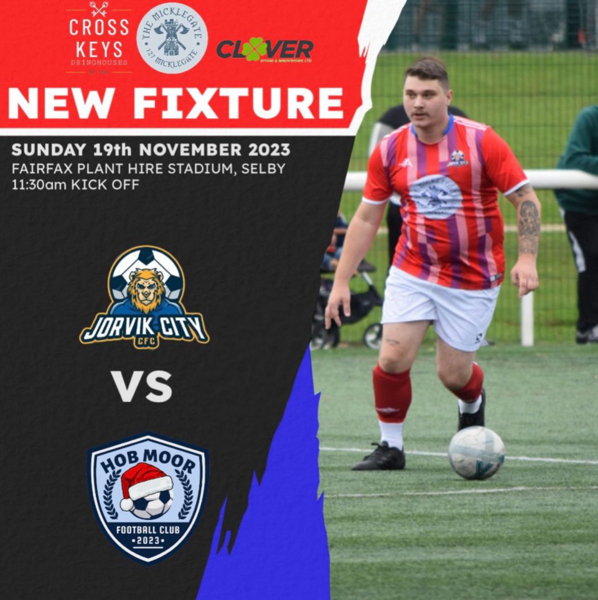Jorvik City FC (@jorvikcity) on Twitter photo Sunday 22nd October at 1:30pm
V Club TropiCordner
Burnholme sports centre, York.
Match in aid of <a href="/YMenfulness/">Menfulness UK</a>
Sunday 19th November at 11:30am V HobMoor FC
FairFax Plant Hire Stadium, <a href="/SelbyTown_FC/">Selby Town FC</a>.
Match to send some children with complex needs to see Santa Clause! Sunday 22nd October at 1:30pm
V Club TropiCordner
Burnholme sports centre, York.
Match in aid of <a href="/YMenfulness/">Menfulness UK</a>
Sunday 19th November at 11:30am V HobMoor FC
FairFax Plant Hire Stadium, <a href="/SelbyTown_FC/">Selby Town FC</a>.
Match to send some children with complex needs to see Santa Clause!
