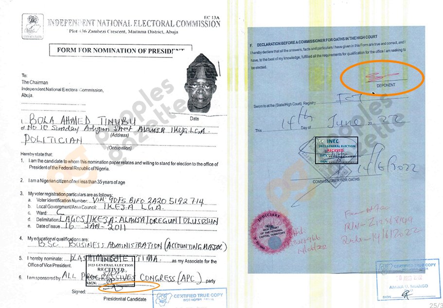 Bola Tinubu did not sign his INEC forms EC 13A and EC9, laying new questions about the validity of his candidacy.

Pictures one, two and three carry Mr Tinubu's signature. The last frame shows he did not sign his nomination and affidavit in support thereof.

Presidency, INEC mum.