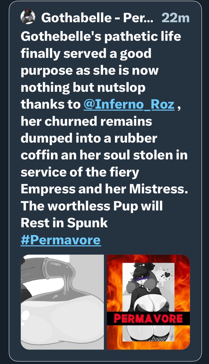Inferno_Roz's tweet photo. They couldn’t resist And wanted to be used.

I didn’t disappoint wrecking @GothShizu’s usless body, burning and breaking them. Once I was finished I churned their remains and squirted them into a condom.
One less usless being and one more soul for my mistress @AppleNorse https://t.co/LlVOyvdTIl