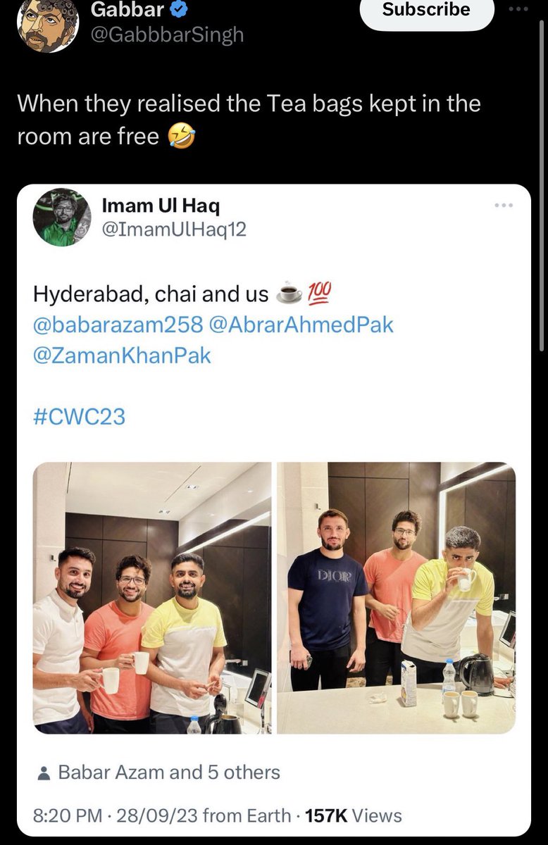 GabbbarSingh's tweet photo. Some people are getting offended at this joke. 

Curious to know, the first thing Imam posted after landing in India was a picture in the Washroom with the Hotel room Dip waali Tea. No pic of the reception or welcome they got. Just this pic. Out of his ~800 tweets. He has posted about Tea just once before this. He has done multiple tours but no such pic ever. If you think this wasn’t a reference to Balakot, I have a bridge to sell. 

After their reception, the PCB chief terms India as a ‘Dushman mulk’ Make your own judgment.