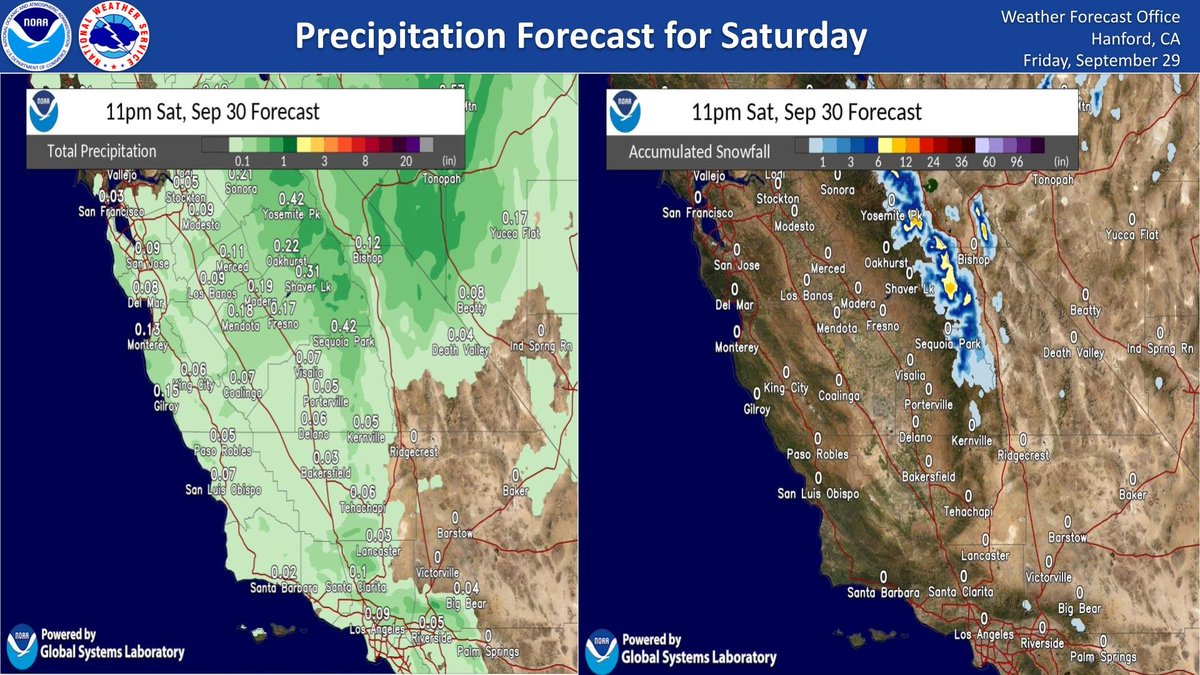 A cold front will pass across Central California Saturday, resulting in a chance of rain and high elevation snow in the Sierra Nevada. Snow levels will be around 8,000 feet. The majority of this precipitation will fall during the day on Saturday. #CAwx