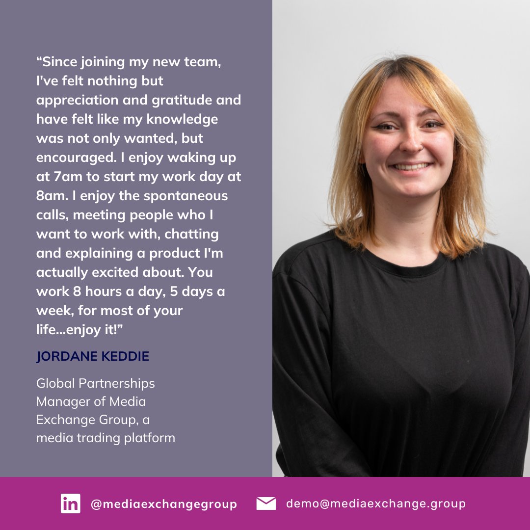 Jordane Keddie, our Global Partnerships Manager, shares her journey! 🗣️ At Media Exchange Group, we foster an environment where everyone thrives and looks forward to each day. 🤝 Thank you, Jordane, for sharing your experience!🙌 #EmployeeTestimonial #MediaExchangeGroup #Teamwork