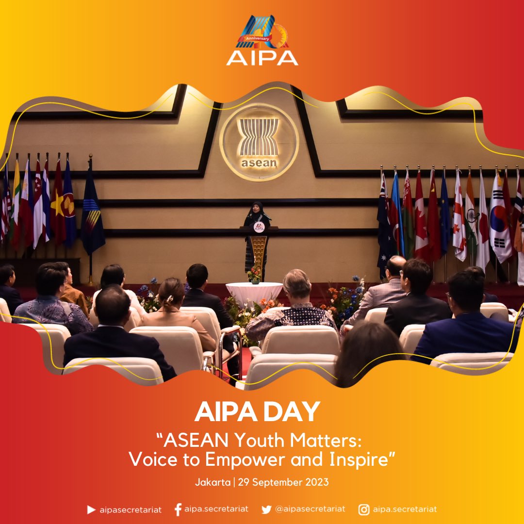 aipasecretariat's tweet photo. Under the theme “𝘈𝘚𝘌𝘈𝘕 𝘠𝘰𝘶𝘵𝘩 𝘔𝘢𝘵𝘵𝘦𝘳𝘴: 𝘝𝘰𝘪𝘤𝘦 𝘵𝘰 𝘌𝘮𝘱𝘰𝘸𝘦𝘳 𝘢𝘯𝘥 𝘐𝘯𝘴𝘱𝘪𝘳𝘦,” the AIPA Secretariat organized the AIPA Day Celebration in commemoration of the 46th AIPA Anniversary on 29th September 2023 in ASEAN Hall.

 #46AIPA #AIPADAY https://t.co/2dDSmWBdLn