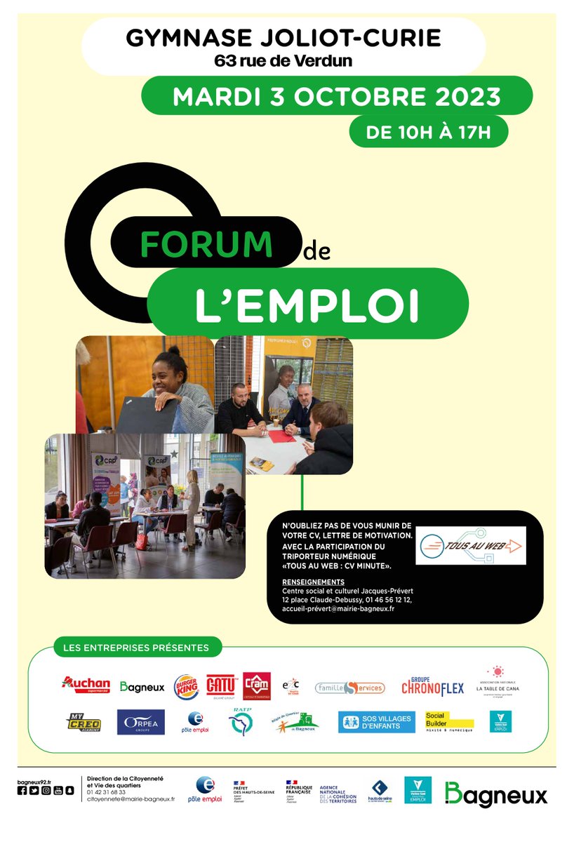 Le Forum de l'emploi se déroulera mardi 3 octobre au gymnase Joliot-Curie de 10h à 17h.

N'oubliez pas de venir avec vos CV et vos lettres de motivation !