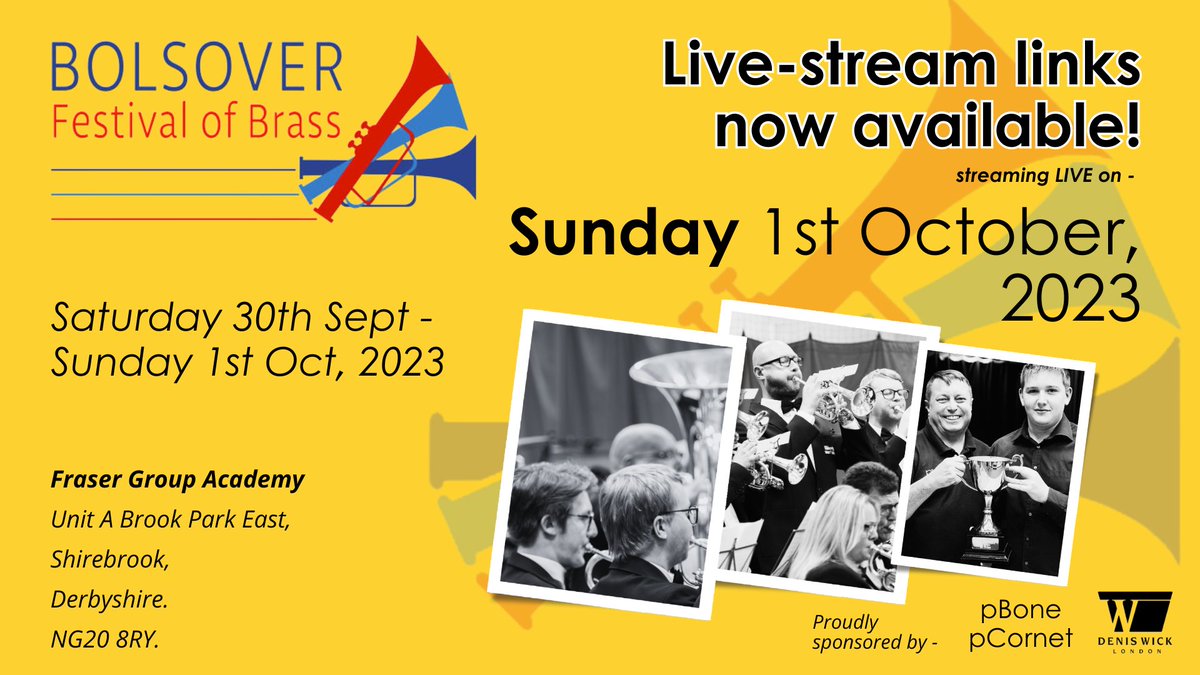 Delighted to back the Bolsover Brass Fest once again this weekend! 🎥 Live-stream links for Sunday Oct 1st below. Tune in from 9:20am! 🌟

It's going to be a musical experience to remember! 🎶

✨ Championship - bit.ly/3ZAMIgK
✨ 1st - bit.ly/3ZHLalm"
