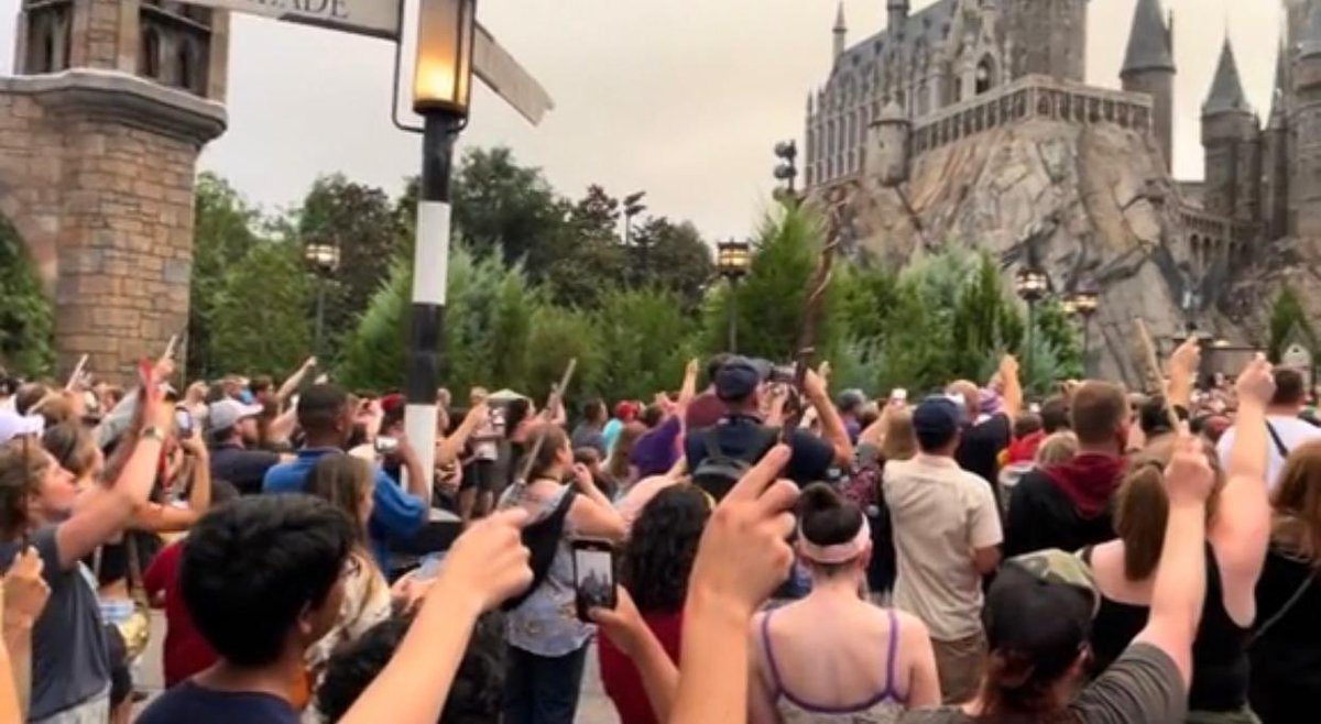 Daninseries's tweet photo. Agli Universal Studios di Orlando i visitatori davanti a Hogwarts hanno reso omaggio a Michael Gambon, in seguito alla notizia della sua scomparsa 💔😭 https://t.co/IEjh5fibSl