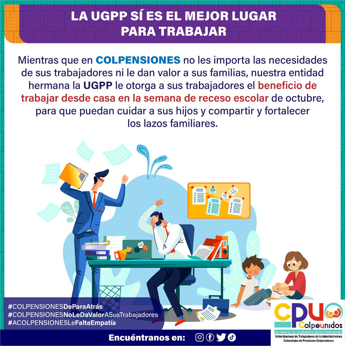 colpeunidos's tweet photo. Desde el inicio de la admón @dussanja nos han hablado de fomentar las actividades de bienestar @Colpensiones se está acabando el año y poco se ha visto @ELISAMORONBAUTE el teletrabajo también es bienestar @MintrabajoCol y antes disminuye gastos operativos @PGN_COL https://t.co/sd0Nq8ZUBL