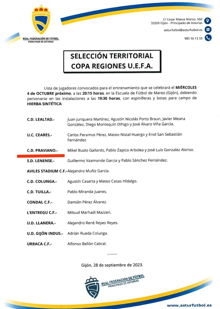 Mikel Busto, Pablo Zapico y José Luis, convocados por la Selección Asturias para entrenar de cara a la Copa de las Regiones UEFA