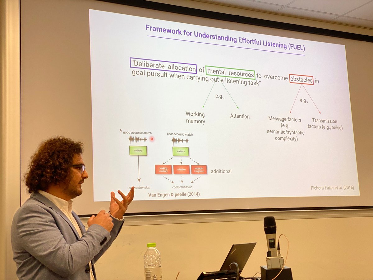 Yousef Mohammadi is now explaining "CORTICAL CHARACTERISTICS OF LISTENING EFFORT" during his PhD defense. The committee is putting much effort into listening .