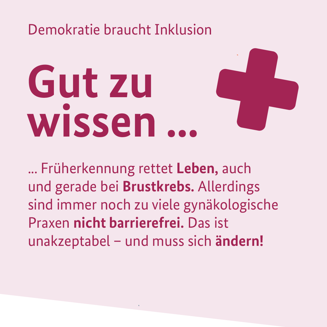 📆 Der heutige #Weltbrustkrebstag erinnert uns daran: #Früherkennung rettet Leben!
Doch noch immer sind viel zu wenig gynäkologische Praxen barrierefrei, weshalb Frauen mit Behinderungen deutlich seltener #Vorsorge in Anspruch nehmen.
Das muss sich ändern – um Leben zu retten!