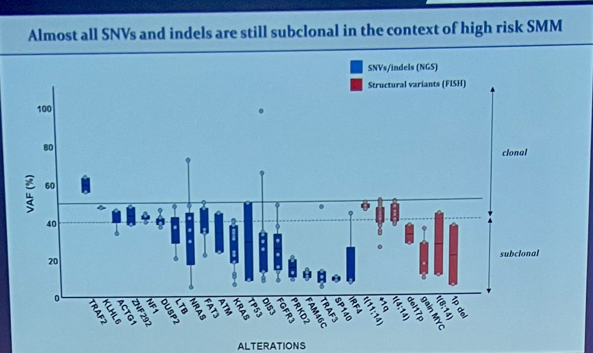 Rfonsi1's tweet photo. Plenary session at #IMS23RF #mmsm genomic profiling of CESAR. FISH & NGS done. Approximations to know who is at true risk of progression still need refinement and this this is of great interest. Note 50% have 1q and 5% 17p del. Most mutations subclonal https://t.co/utoNY2yJ6n