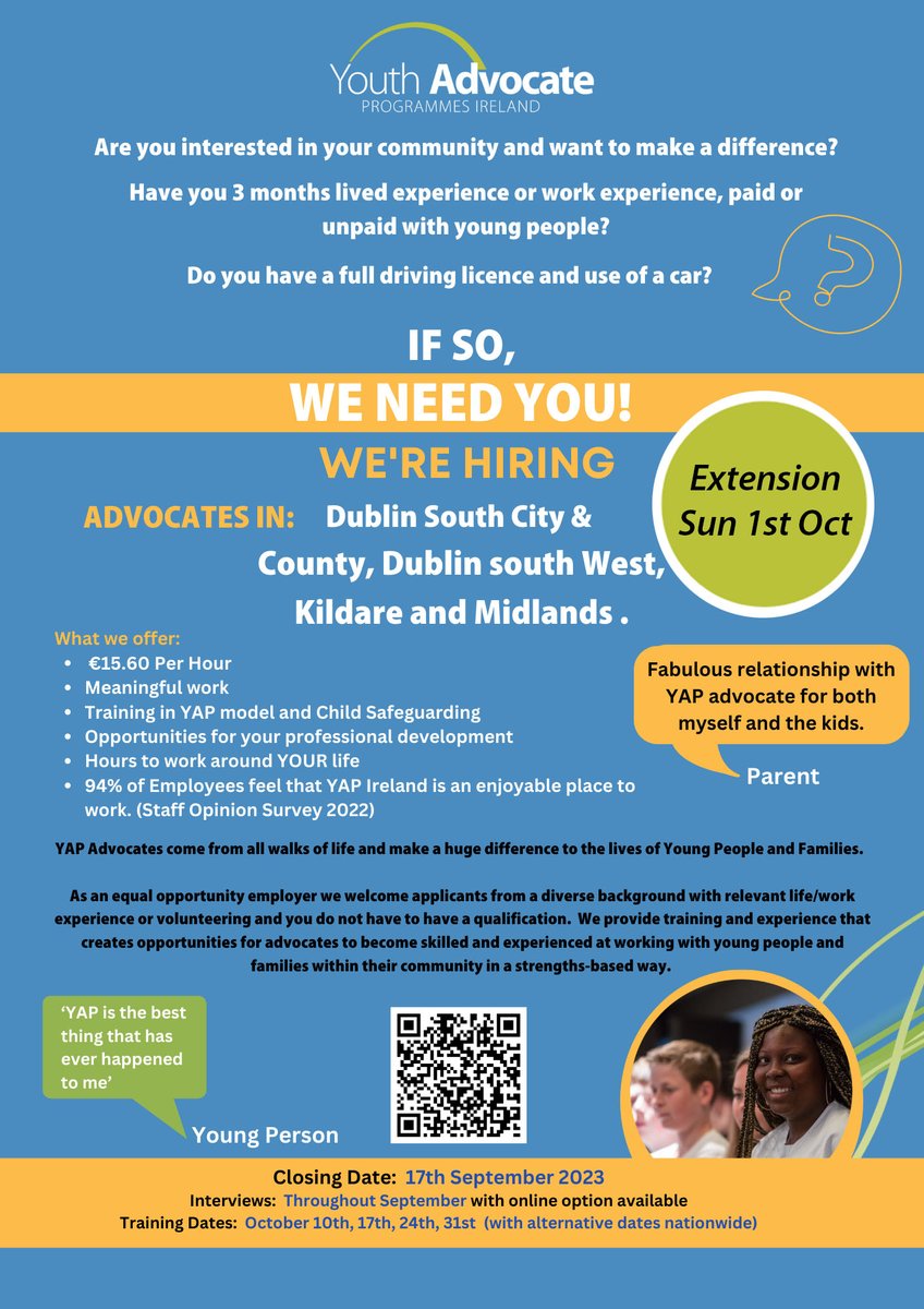 We are still accepting applications for advocates in Dublin until Sunday 1st Oct! Follow the link below to be taken to our advocate application portal and sign up to become a Part of Creating Real Change for Young People and Families yapireland.ie/.../careers-wi…