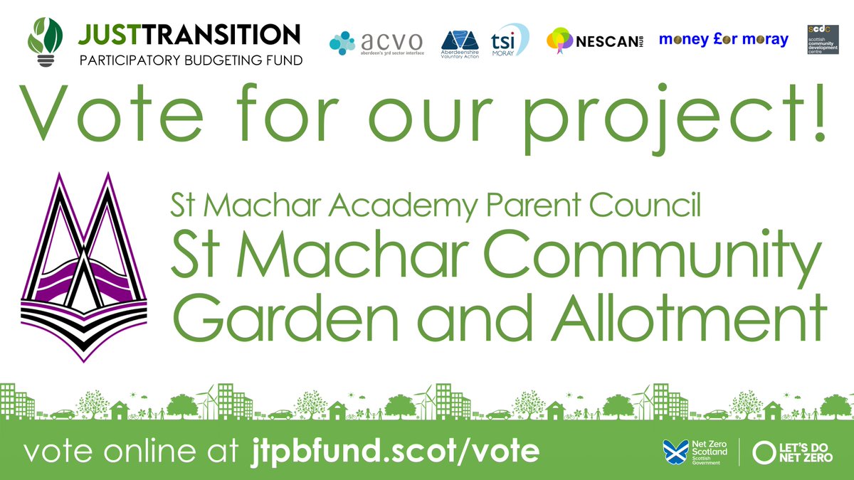 stmacharacademy's tweet image. We are in the running to receive a share of £500,000 from the Just Transition Participatory Budgeting Fund - but we need your vote! Read about all the fantastic projects and vote for your top 5 favourites - make sure we're one of them! Vote now - jtpbfund.scot/vote