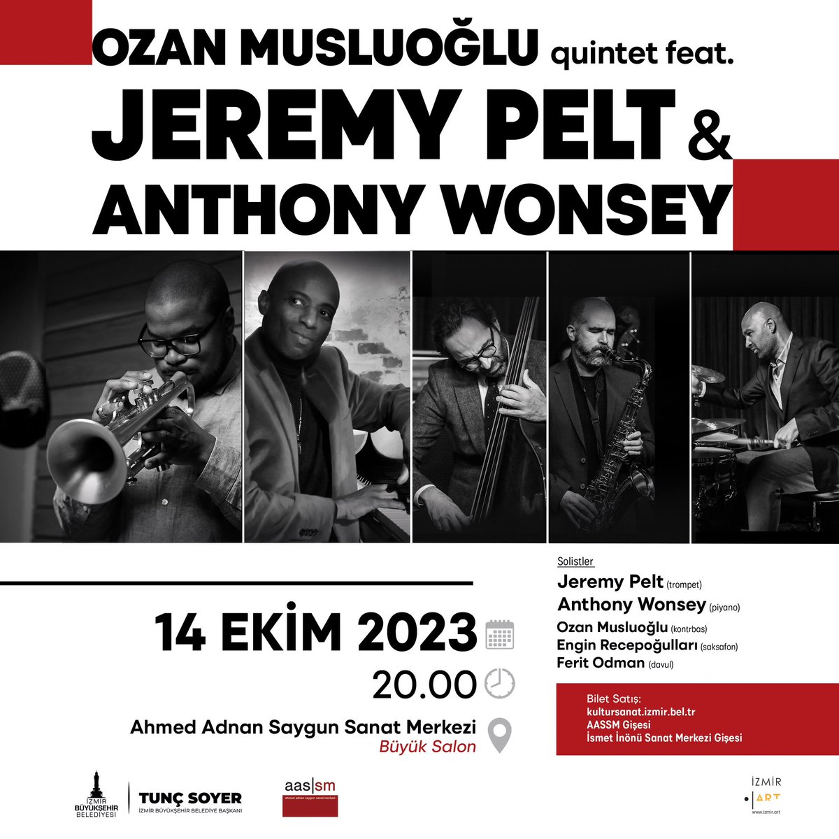 Caz müziğinin dünyaca ünlü isimleri, Jeremy Pelt ve Anthony Wonsey AASSM sahnesinde bir araya geliyor.🎶 Jeremy Pelt - trompet Anthony Wonsey - piyano Ozan Musluoğlu - kontrbas Engin Recepoğulları - saksafon Ferit Odman – davul