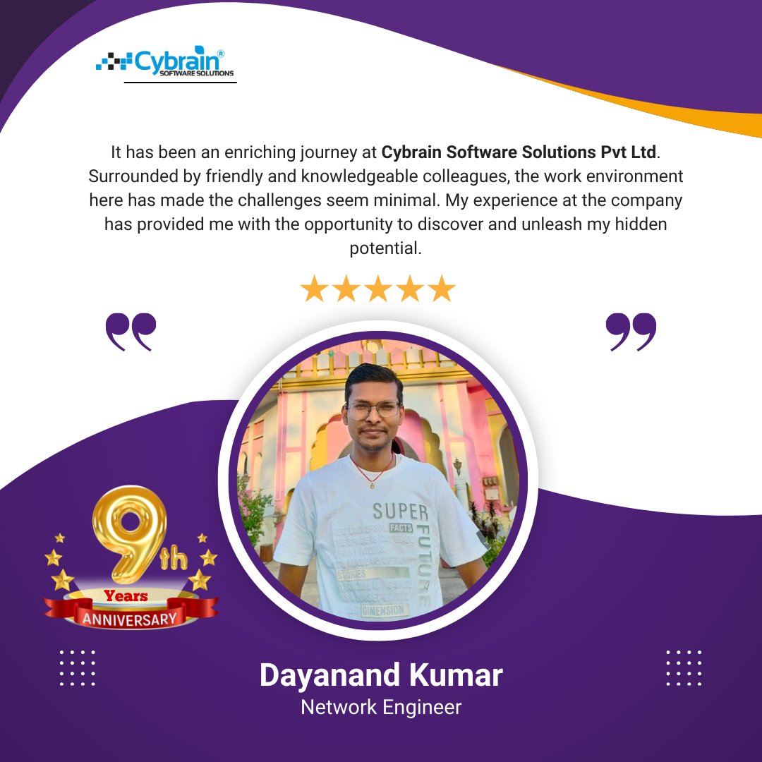 cybrainsoftware's tweet image. Cheers to 9 years, Daya Shekhawat! 

You have been our go-to person for technical challenges. Your expertise and sincerity have made our workplace better.

#workiversary #WorkAnniversary #TechExpertise #SincereColleague #cybrainians #cybrain #cybrainsoftwaresolutions