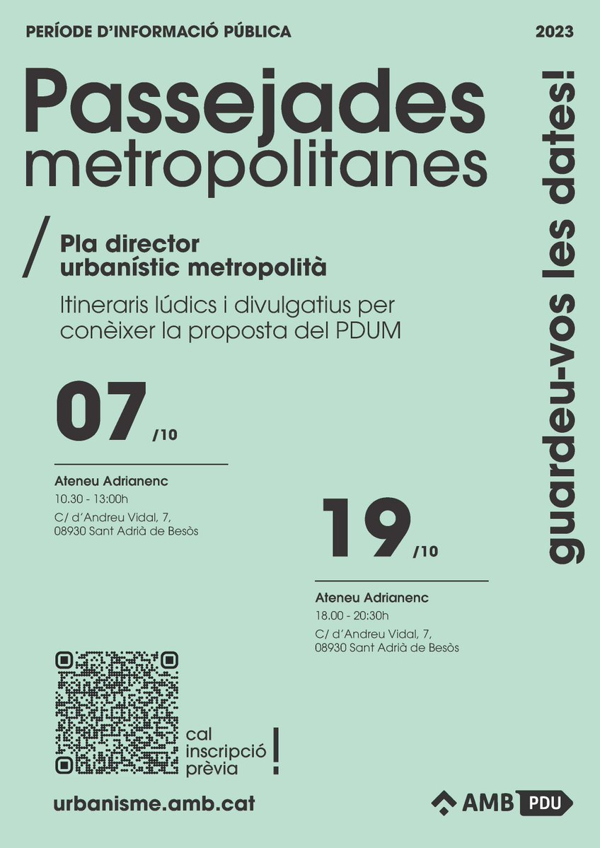 S'acosten les passejades metropolitanes... 
Dues dates disponibles: 07/10 i 19/10

T'hi esperem! 🚶‍♀️🚶‍♂️🧑‍🦽

Cal inscripció prèvia 👇

urbanisme.amb.cat/informar-se/pe…