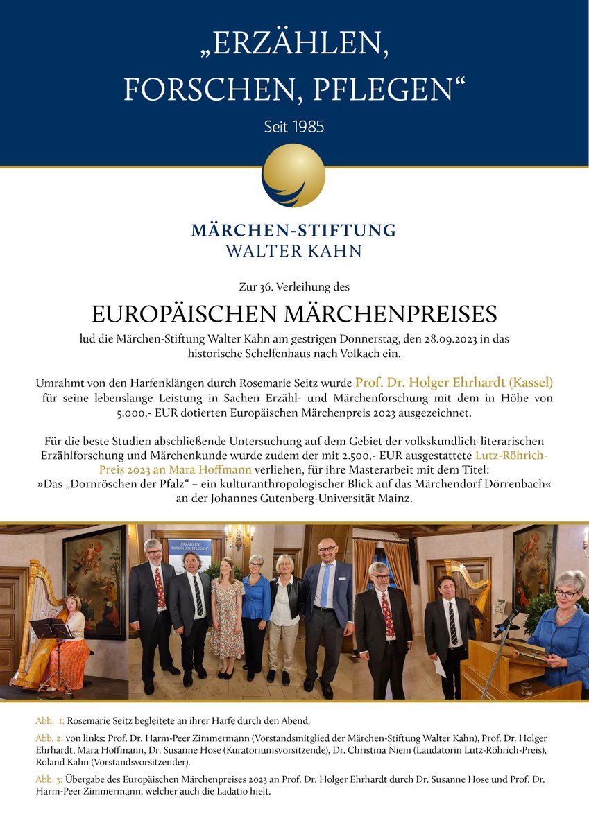 MST_W_Kahn's tweet photo. Gestern fanden in #Volkach die #Preisverleihungen der #MaerchenStiftungWalterKahn statt.
Prof. Dr. #HolgerEhrhardt (#Kassel) wurde mit dem #EuropäischenMärchenpreis 2023 geehrt. Frau Mara Hoffmann erhielt den #LutzRöhrichPreis 2023 ...

#wissenschaftspreise #märchenforschung https://t.co/M8i5lYdFF4