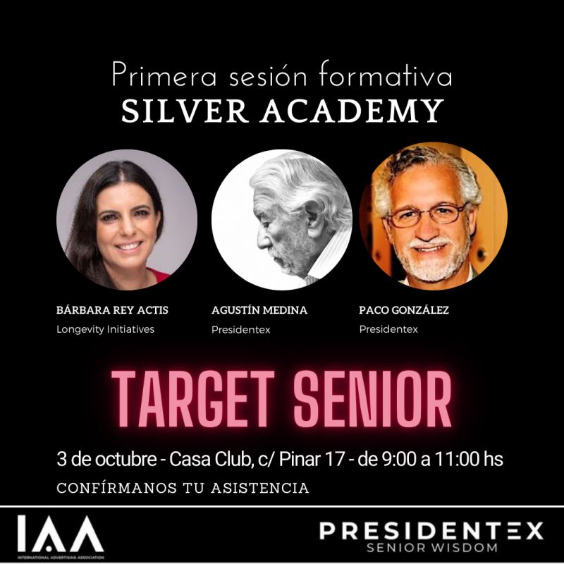 El próximo martes, 3 de octubre, en Casa Club, con <a href="/IAASpain_org/">IAA Spain</a> y <a href="/barbarareyactis/">Bárbara Rey Actis</a>, <a href="/presidentex5/">Presidentex</a> estará en la sesión inaugural de la #SilverAcademy.
Las inscripciones, aquí: iaaspain.org/registro-iaa/
#SilverEconomy #TargetSenior #Marketing #Publicidad
