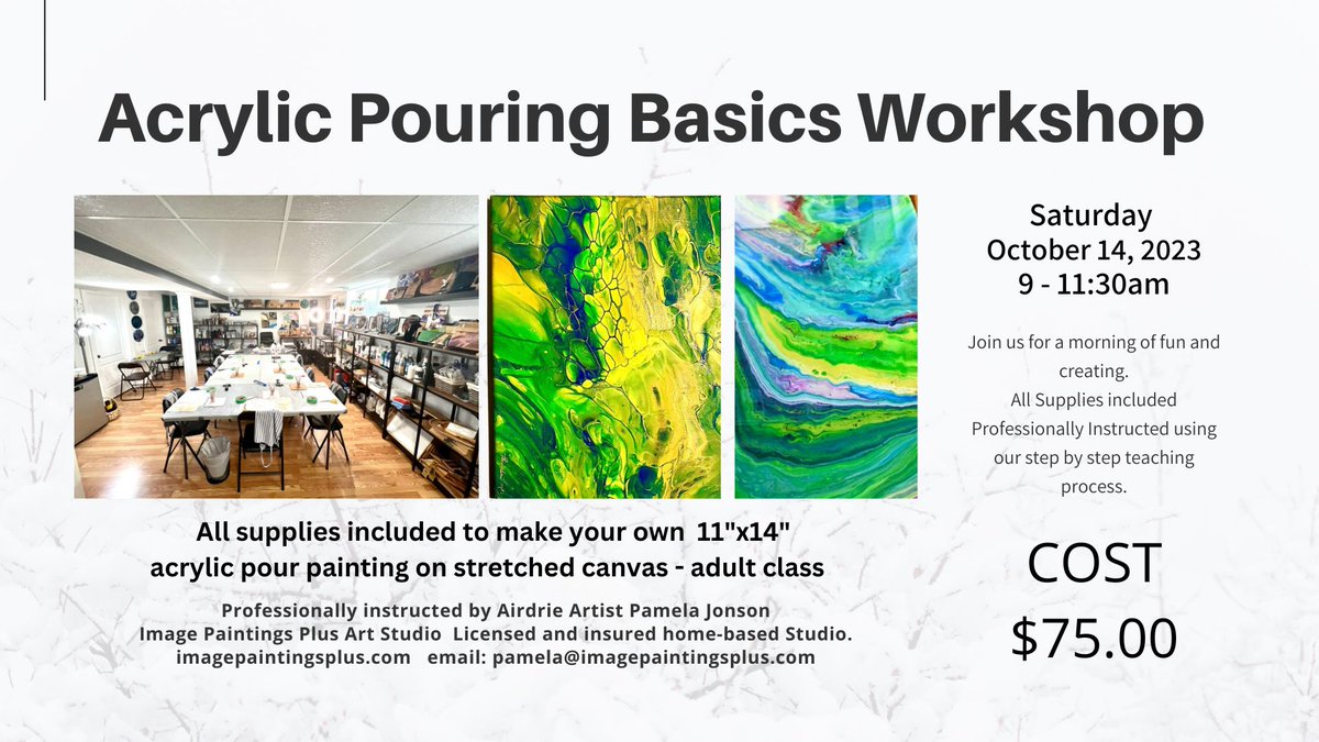 PamelaJonson4's tweet photo. Acrylic Pouring Basics Workshop for Adults. Beginner.
Professionally instructed. Limited seating. All Supplies included.
Visit our events page for full details and tickets.
https://t.co/9eeg3MRd8a #events #tickets #classes #wokshop #artclasses
#aidrie #calgary #yyc #rockyview https://t.co/V3MywKmTj7