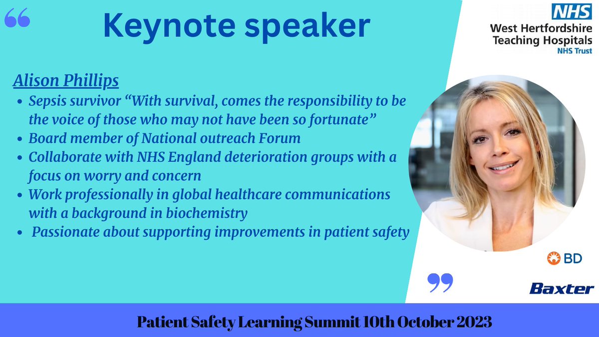 📢KEYNOTE SPEAKER ALERT📢
Humbled to announce Alison Phillips will be sharing her experiences surviving Sepsis at our next summit. Patients are at the heart of everything we do. Their voice is immeasurably vital to patient safety learning. Thank you for your emotional labour!