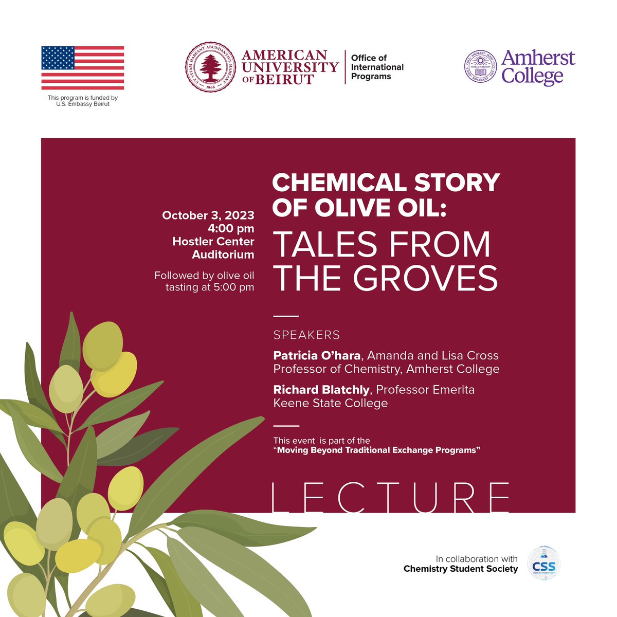 Lara Halaoui (@l_halaoui) on Twitter photo Love olive oil on everything! 🫒
Join us Oct 3 for an exciting public lecture on its chemical story followed by tasting.. by Prof Ohara visiting us from <a href="/AmherstCollege/">Amherst College</a> with Prof Blatchly
Thanks to the chemistry student society <a href="/AUB_Lebanon/">American University of Beirut</a> for their work to make it happen ❤️ Love olive oil on everything! 🫒
Join us Oct 3 for an exciting public lecture on its chemical story followed by tasting.. by Prof Ohara visiting us from <a href="/AmherstCollege/">Amherst College</a> with Prof Blatchly
Thanks to the chemistry student society <a href="/AUB_Lebanon/">American University of Beirut</a> for their work to make it happen ❤️