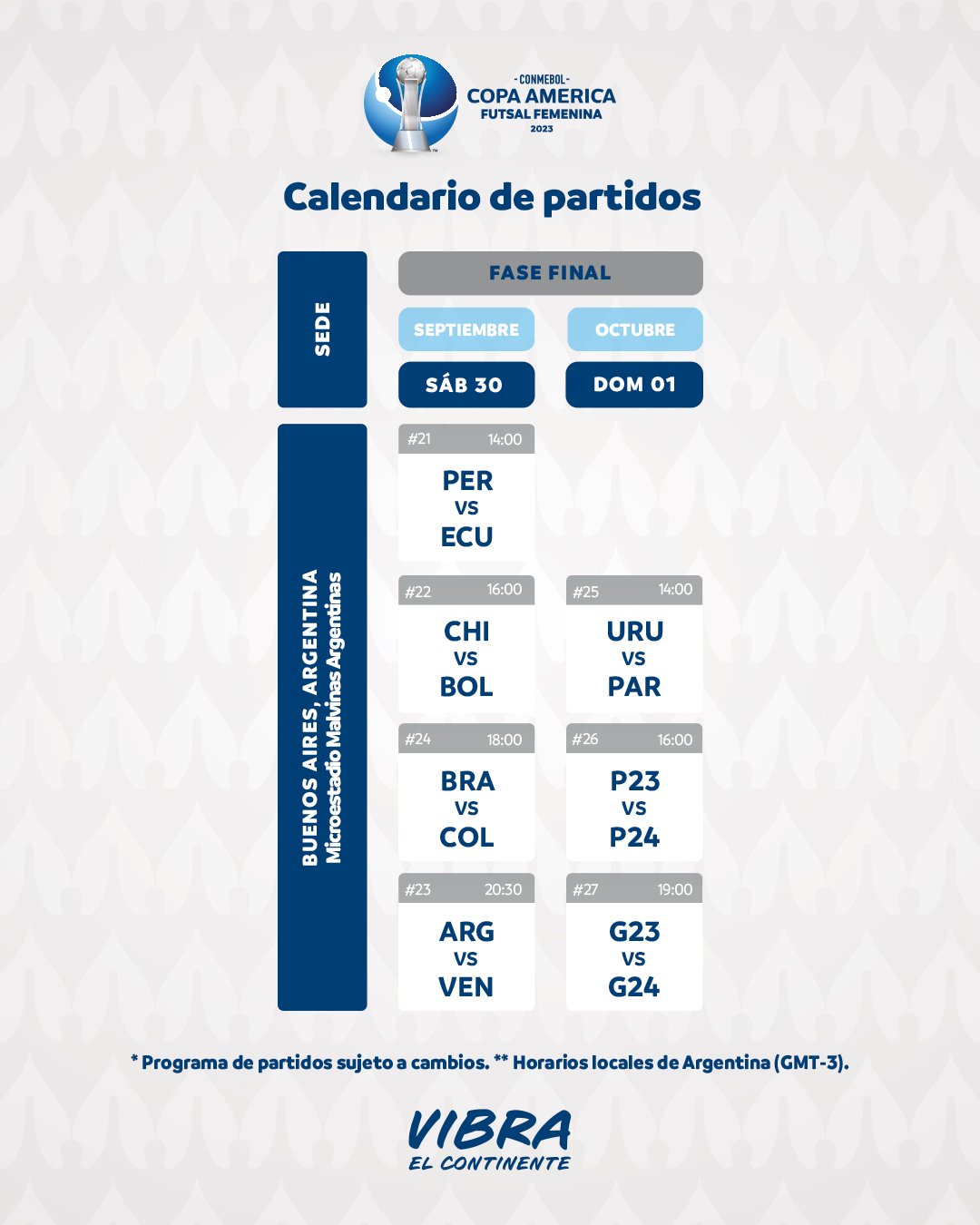 CONMEBOL Copa América™️ on X: 📆⚽ ¡𝙃𝙤𝙮 𝙨𝙚 𝙘𝙞𝙚𝙧𝙧𝙖 𝙡𝙖 𝙁𝙖𝙨𝙚  𝙙𝙚 𝙂𝙧𝙪𝙥𝙤𝙨! Estos son los partidos de la fecha 5️⃣ de la  #CAFutsalFem 🔛 📆⚽ 𝙃𝙤𝙟𝙚 𝙨𝙚 𝙚𝙣𝙘𝙚𝙧𝙧𝙖 𝙖 𝙁𝙖𝙨𝙚 𝙙𝙚