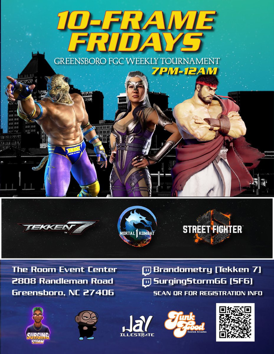 brandometry's tweet image. Tonight! 

@ The Room Event Center
FGC tourney in Greensboro, NC

🎮 #T7 #SF6 and #MK1
⏱️ Doors 7pm, Brackets start at 8pm
💰$10 Venue $5 Entry
📝 PreReg start.gg/10FF4
📺 twitch.tv/surgingstorm and brandometry