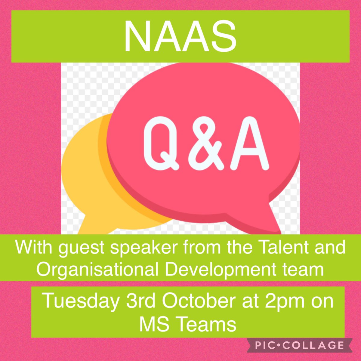 🚨Tuesday 3rd October at 2pm is the time for the NAAS Monthly Q&amp;A session🚨 we will be joined by the Talent and Organisational Development team and look forward to seeing you virtually 🤩🤩 <a href="/JaneGarforth1/">Jane Garforth</a> <a href="/hcarterrje/">helen carter</a> <a href="/jacqui_burrow/">Jacqui Burrow</a> <a href="/NCAlliance_NHS/">Northern Care Alliance NHS Foundation Trust (NCA)</a>