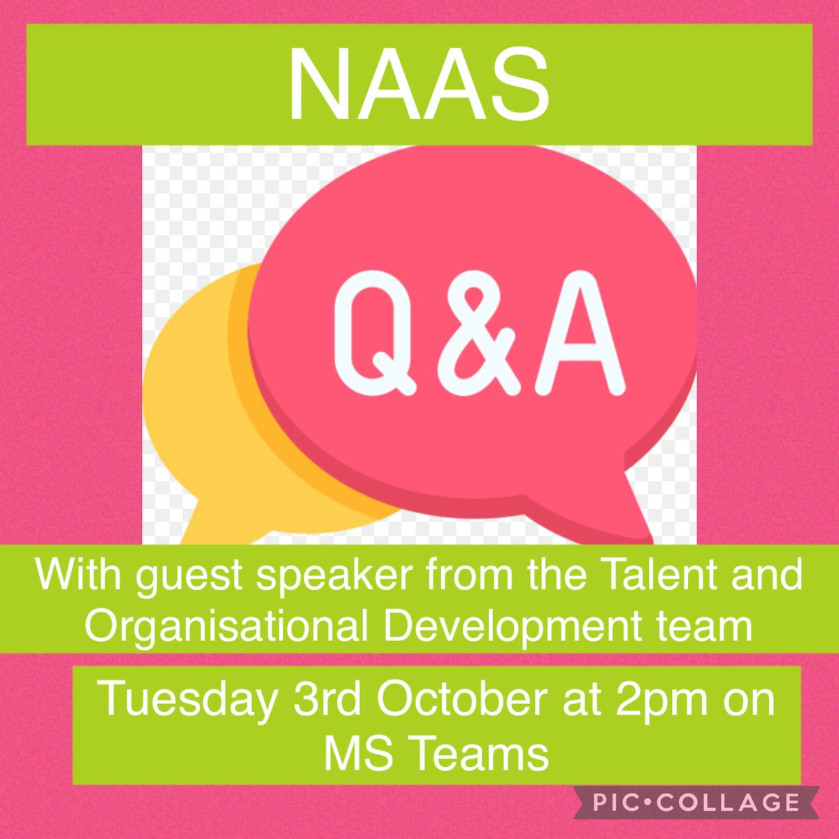 🚨Tuesday 3rd October at 2pm is the time for the NAAS Monthly Q&A session🚨 we will be joined by the Talent and Organisational Development team and look forward to seeing you virtually 🤩🤩 @JaneGarforth1 @hcarterrje @jacqui_burrow @NCAlliance_NHS