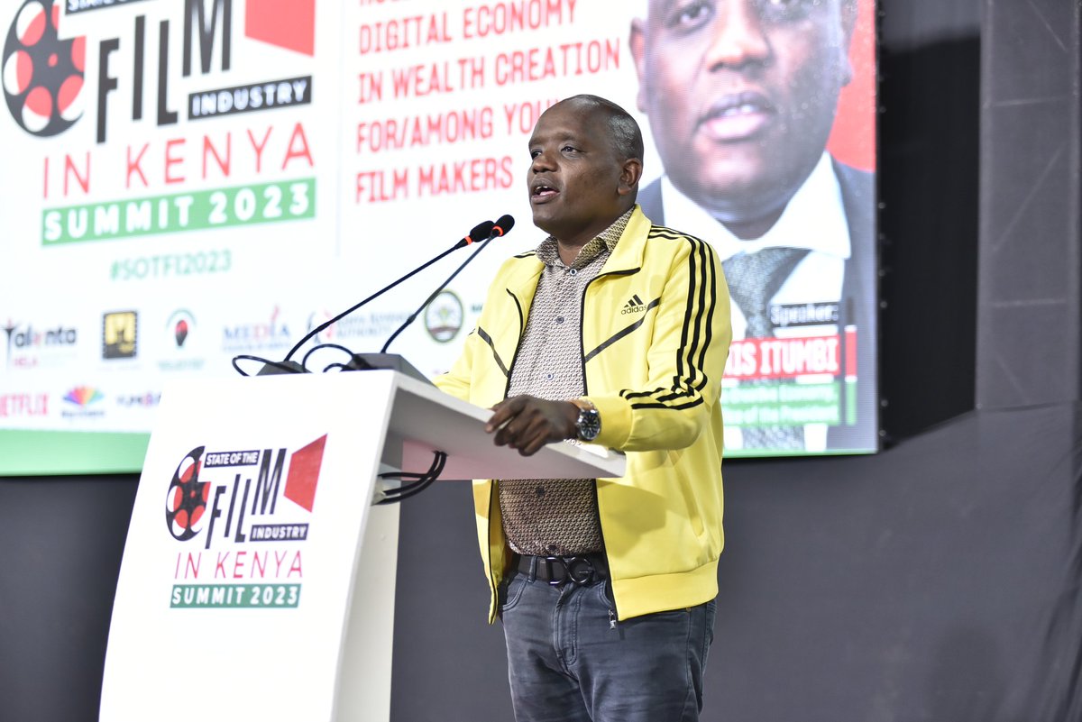 KFTPA's tweet photo. "The Government is approaching the film industry as a value chain." @OleItumbi at the #SOTFI2023 summit, speaking on the role of the digital economy in wealth creation for/among youth filmmakers.

#StateOfFilmIndustryKe #SOTFI2023 #KFTPA #KFCB https://t.co/F2Hyl0hUqf