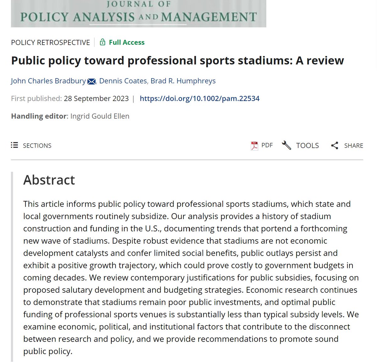 Our article (w @dcoatesecon and @humphreys_brad) providing a comprehensive review of stadium policy is now published at @JPAM_DC. We wrote it for policymakers and communities grappling with stadium questions now. The link provides free access. onlinelibrary.wiley.com/share/author/N…