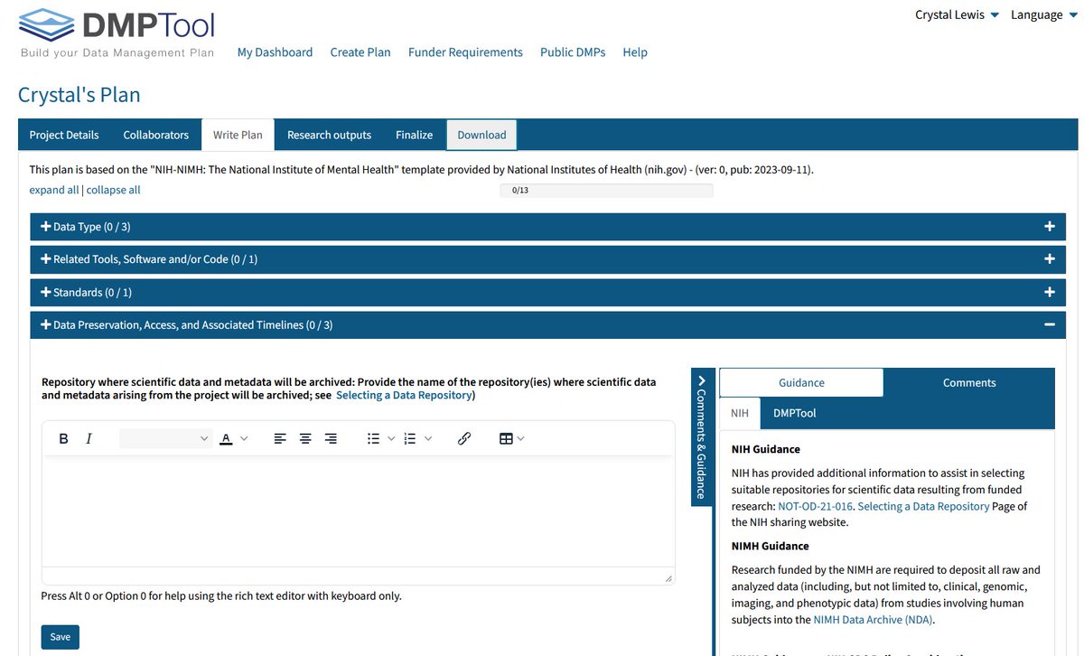 If you were not aware, DMPTool is an amazing resource for people writing data management and sharing plans for funders.  
✔️Templates specific to funders
✔️Guidance specific to funders
✔️A place to collaborate, organize, store, and export your plan
dmptool.org