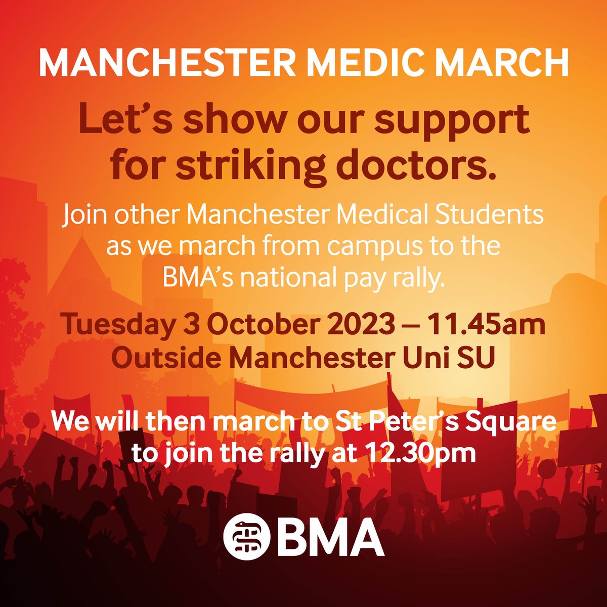 Medical Students' march to the national #BMAPayRally in Manchester.

🗓 Tuesday, 3rd October
📍 Outside Manchester University Students’ Union
🕑 Leave at 11:45am to reach rally at 12:30pm
#BMAPayRally #FullPayRestoration #FixConsultantPay