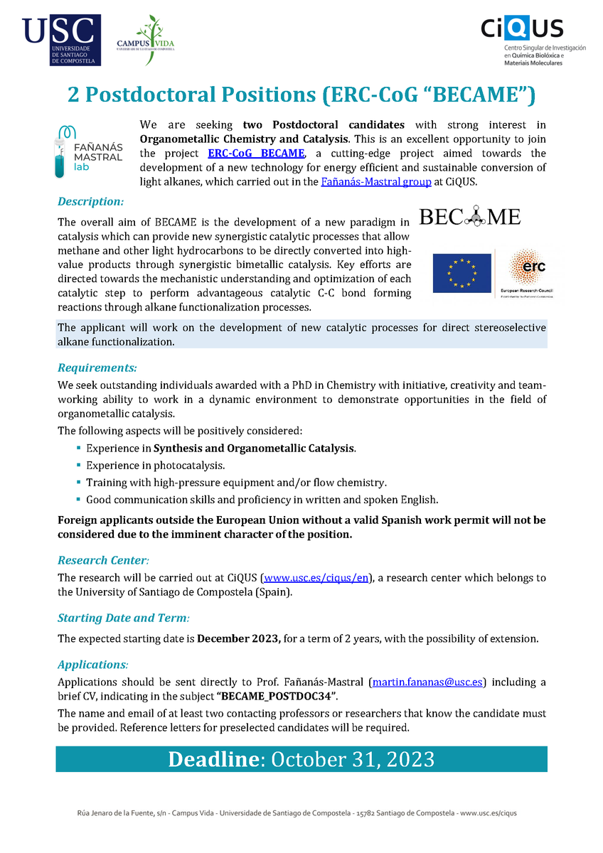 📣WE ARE HIRING!
👥2 POSTDOCTORAL POSITIONS are available in our group to work in catalytic stereoselective alkane functionalization at @ciqususc 
@ERC_Research #chemjobs #chempostdoc 
Please check info 👇