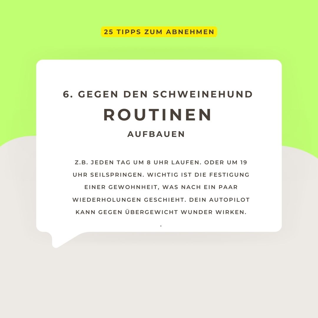 Gegen den Schweinehund helfen Routinen. Z.B. täglich um 8 Uhr Laufen. Wichtig ist die Festigung einer #Gewohnheit, was nach ein paar Wiederholungen geschieht. Verlasse dich auf deinen Autopiloten. Gute Gewohnheiten können gegen #Übergewicht und #Adiposität Wunder wirken.