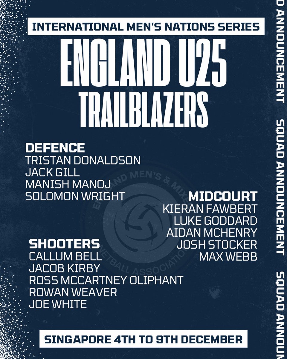 🧵England U25's, ready to Trailblaze their way to Singapore and create history!

We're delighted to announce the exceptional young players who will be representing England U25s in the International Men's Nations Series in Singapore this December. 🏴󠁧󠁢󠁥󠁮󠁧󠁿

#netballforall