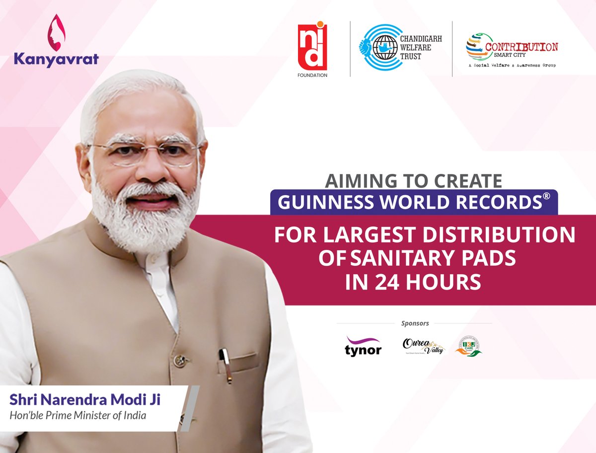NID_Foundation's tweet photo. NIDF &amp; CWT introduce Kanyavrat initiative, aligning with H'ble PM Shri Narendra Modi Ji's vision.

Focused on menstrual health awareness for adolescent girls, it aims to break taboos &amp; make an official attempt for @GWR by distributing 1.25 lakh free sanitary pads. https://t.co/xUSlUaJplh