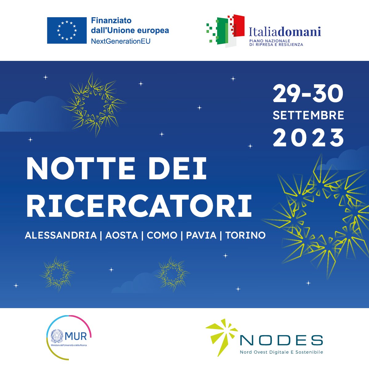 Poche ore all'inizio della Notte dei Ricercatori ! Gli Spoke dell'Ecosistema NODES @mur_gov_ -#PNRR vi aspettano ad #Alessandria , #Aosta , #Como , #Pavia , #Torino con laboratori, stand, workshop, convegni, visite guidate. Scopri gli appuntamenti 👉 lnkd.in/dBPmHQ2i