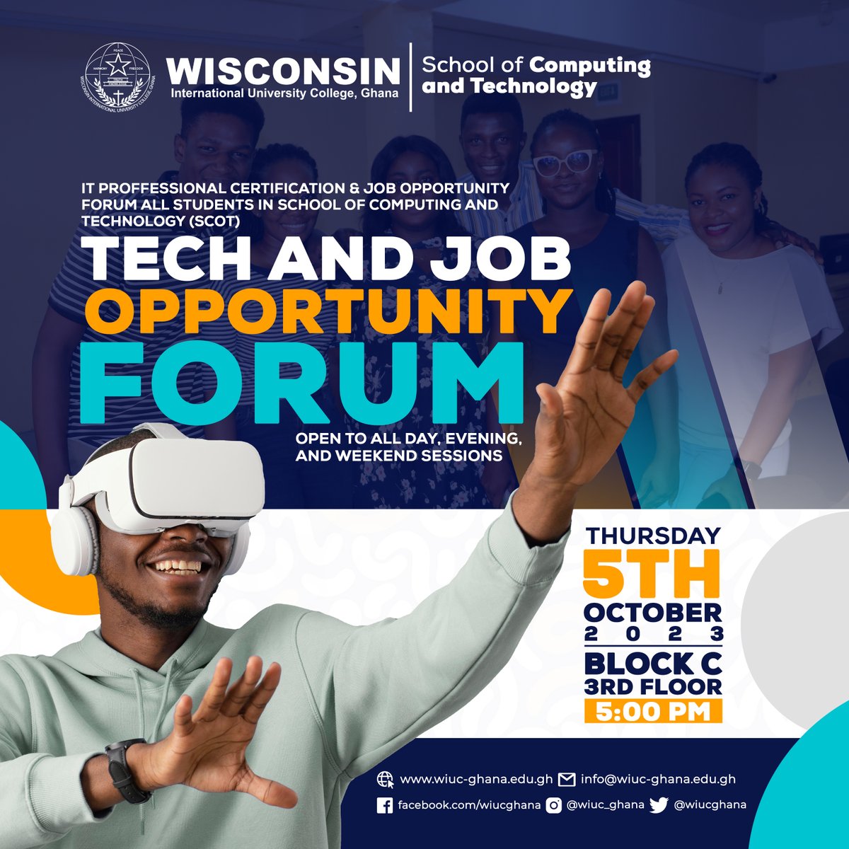 WIUCGHANA's tweet photo. All Students in the School of Computing and Technology (SCOT) are invited to an important Tech and Job Opportunity Forum.

See flyer for more information.

#Wisconsin #wiucghana #tech #jobopportunities #forum #computing #technology #techjobs https://t.co/Ge19RzGqur