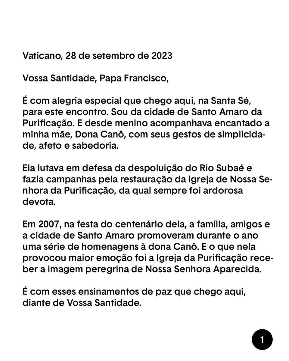 unsproducoes's tweet photo. Leia a íntegra da carta que @caetanoveloso entregou ao Santo Padre, Papa Francisco. https://t.co/Q0oieZO7tk