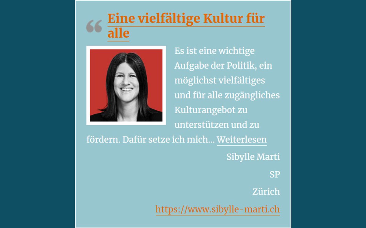 Pro_Kultur's tweet photo. Eine vielfältige Kultur für alle

Sibylle Marti | SP Zürich 
https://t.co/p3hBJUsZ9e

https://t.co/L7eGGR2R5G

Weitere Statements unter https://t.co/6MwIxta9zG  

Facebook: 
https://t.co/6MwIxta9zG 

Instagram: 
https://t.co/M4UwHJOHOR https://t.co/piLJSbkI6S