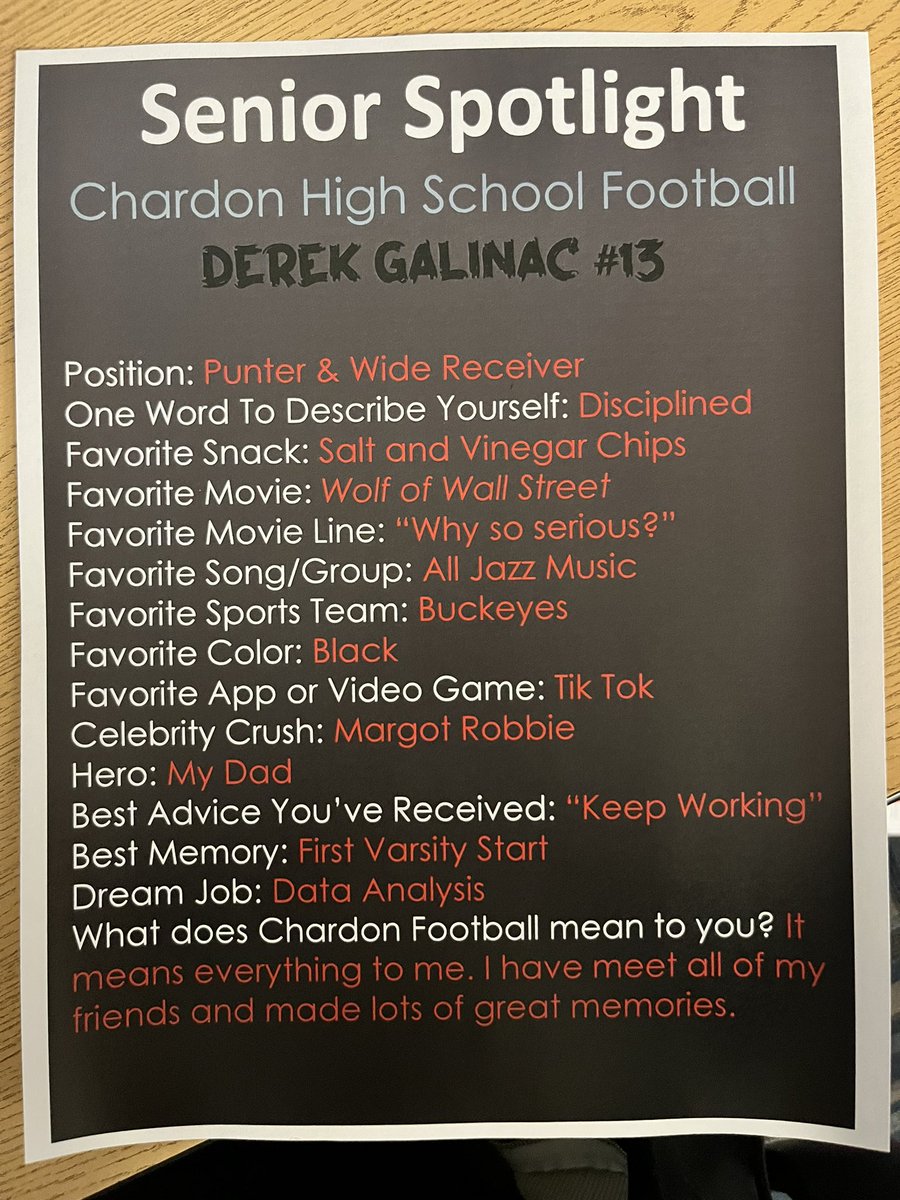 Kvujaklija's tweet photo. CHS Senior  Spotlight: Derek Gallinac #13. Coaches said Derek is a valuable player who is an excellent blocker and proven to be a weapon on special teams. We’re so happy to have Derek in our family. @topperfb @ChardonGridiron @chardonboosters https://t.co/03ueVRzLTv
